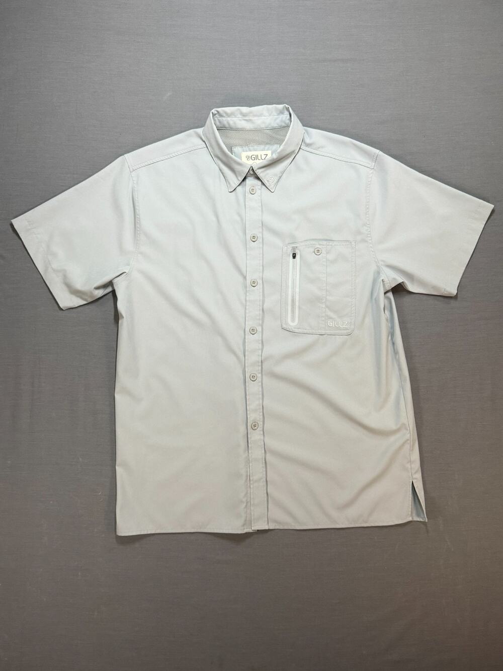 Gillz Men's Large Gray Short Sleeve Fishing Shirt Vented Zip Pocket Snap